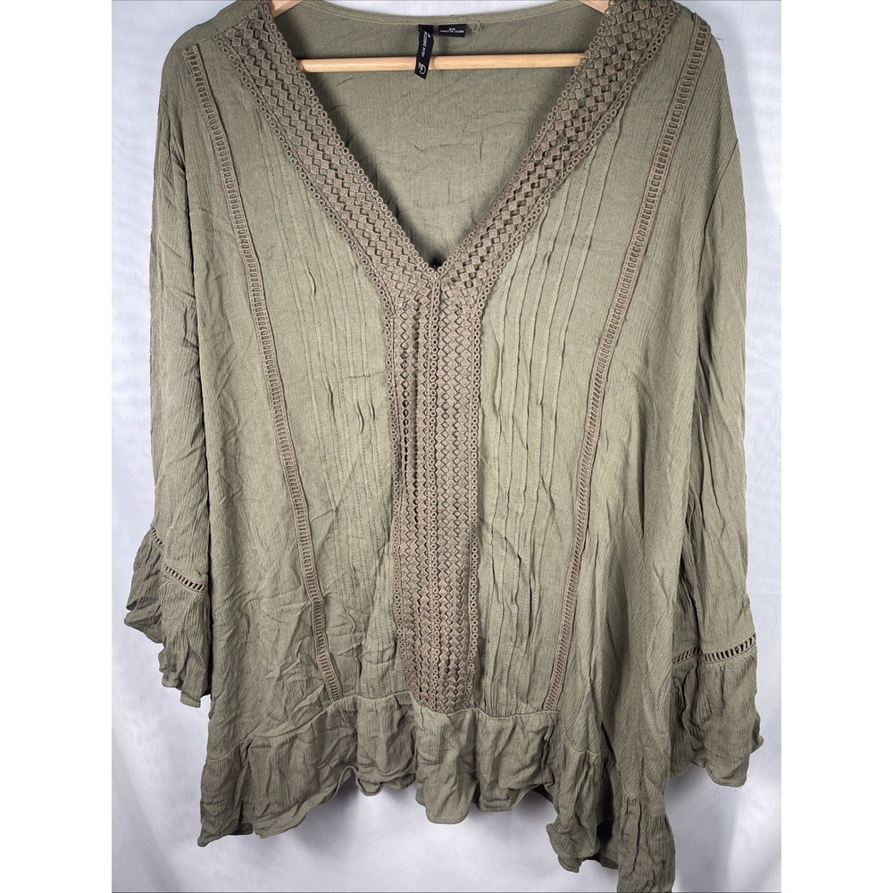 New Directions Women's Top 2x - 3/4‎ Sleeved Blouse with embroidered trim, green